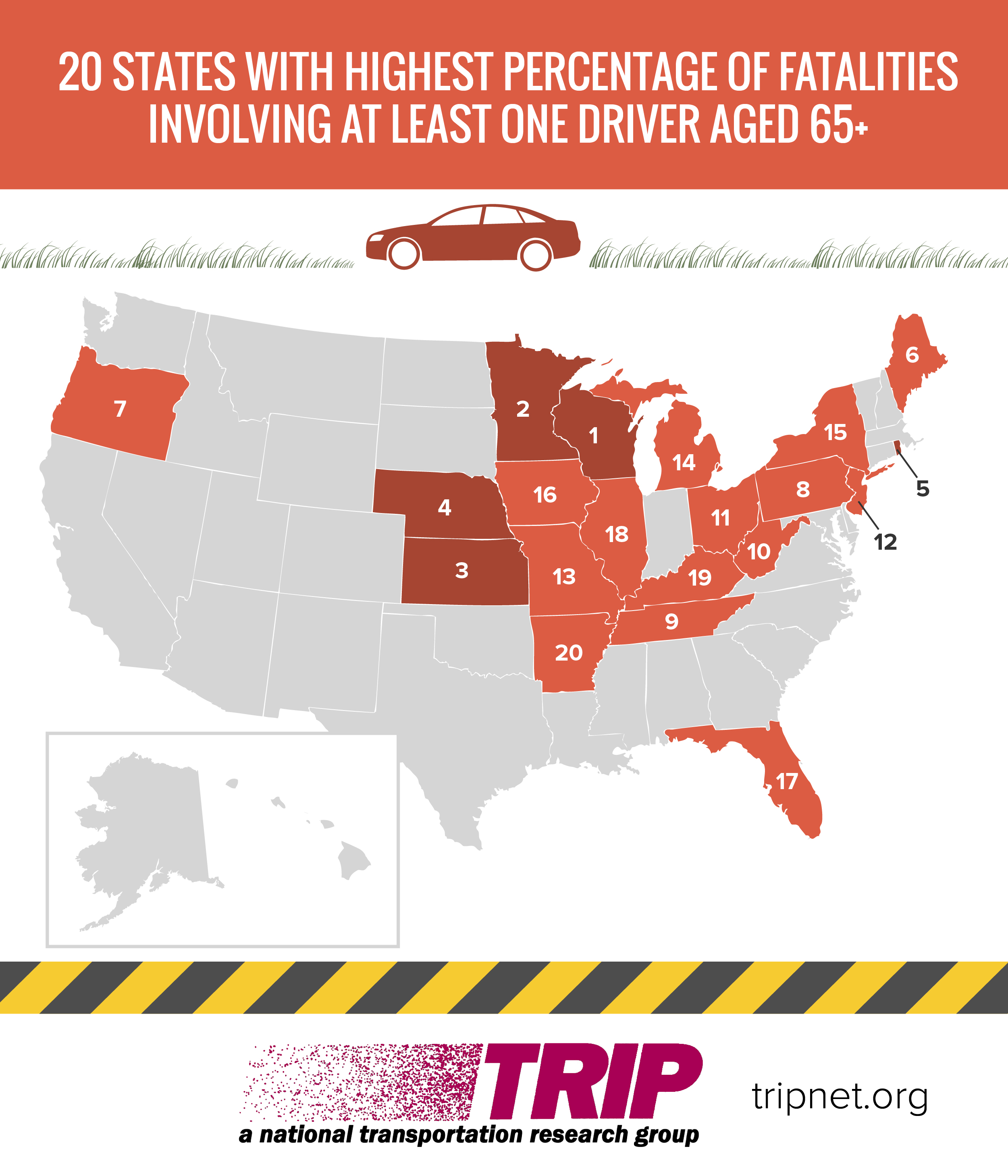 20 States with Highest Percentage of Fatalities Involving at Least One Driver Aged 65+
